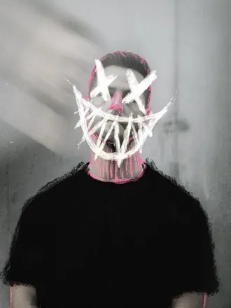 Garret, face painted with white X eyes and a jagged grin